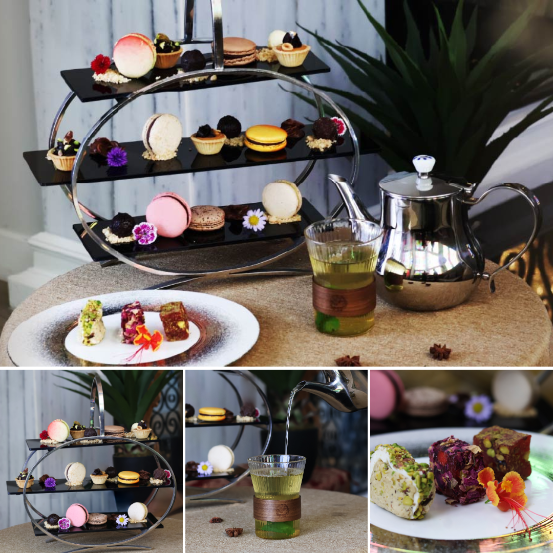 Oriental Afternoon Tea set with French macarons and Turkish desserts at Barrocco Lobby, Mövenpick Myth Hotel Patong Phuket