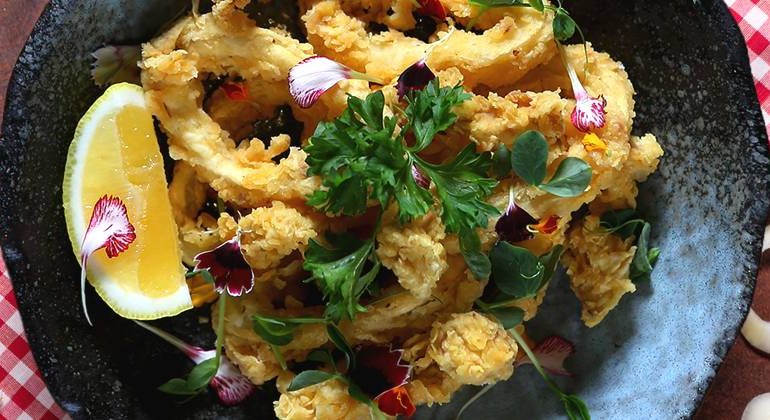 squid-and-bunapi-kaarage-with-lemon-chili-mayo