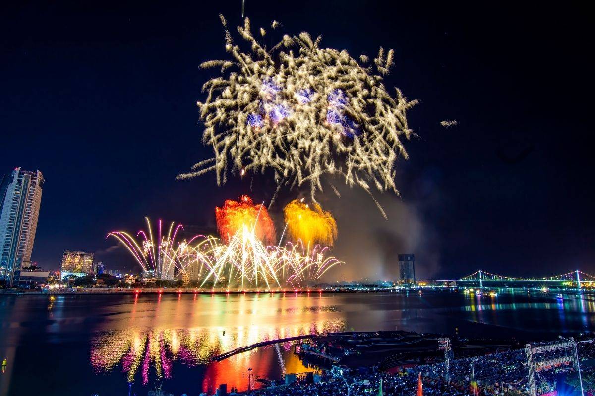 bright fireworks over the river at the danang international firework festival