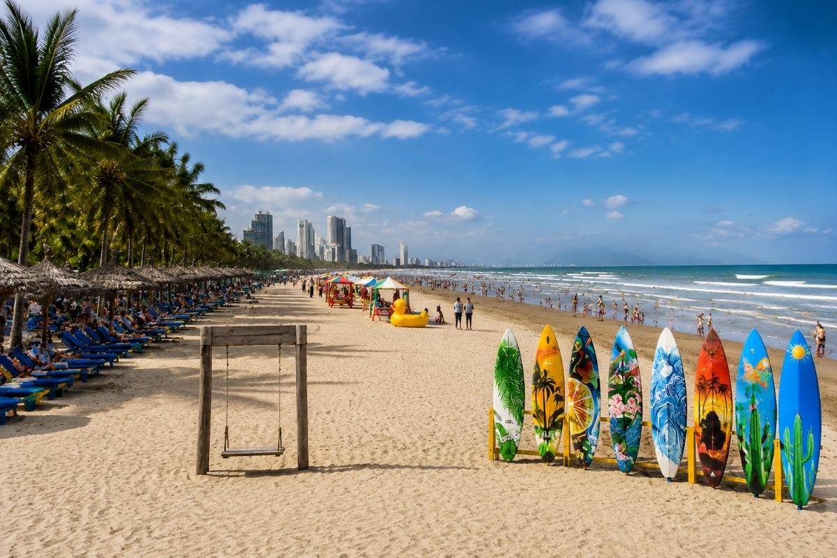 Colorful surfboards lined up on Bac My An Beach
