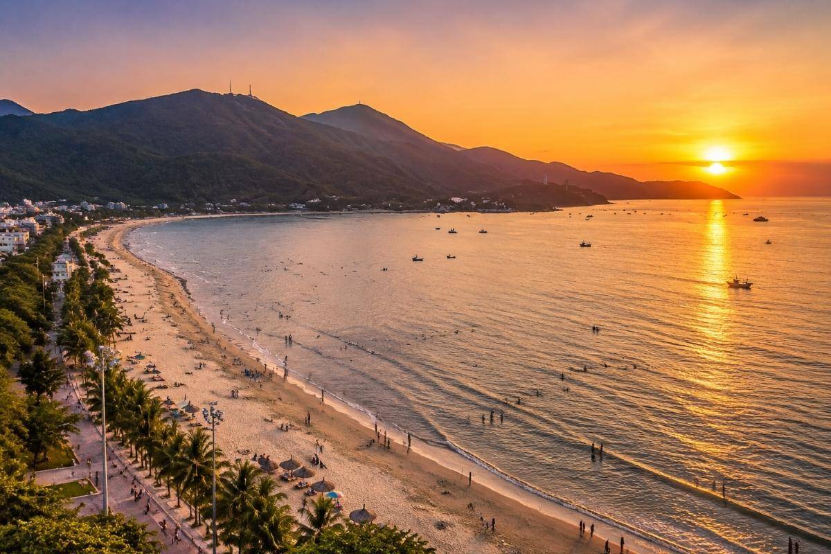Sunset over Pham Van Dong Beach viewed from above