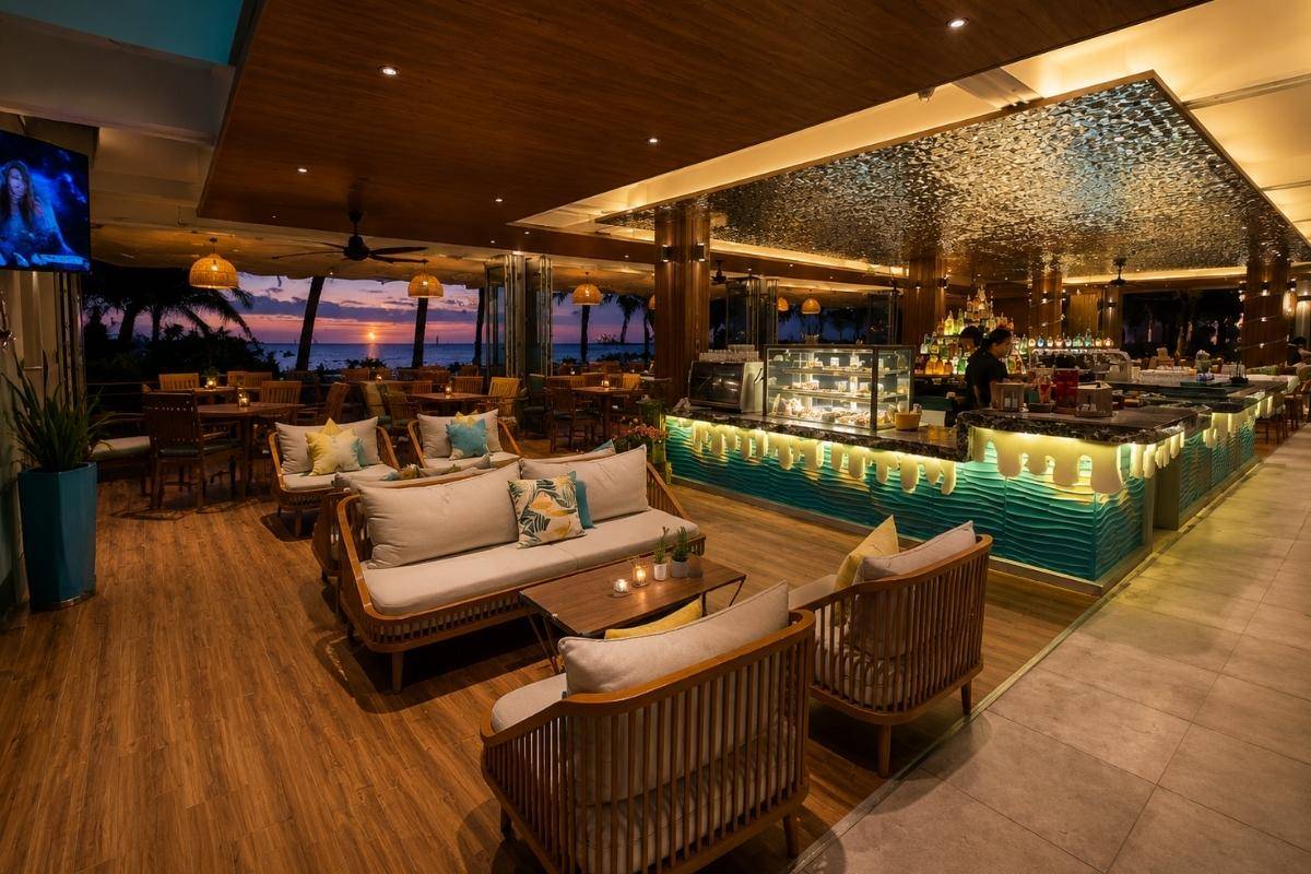 Elegant sofa seating and bar area at Esco Beach Bar Lounge & Restaurant Da Nang