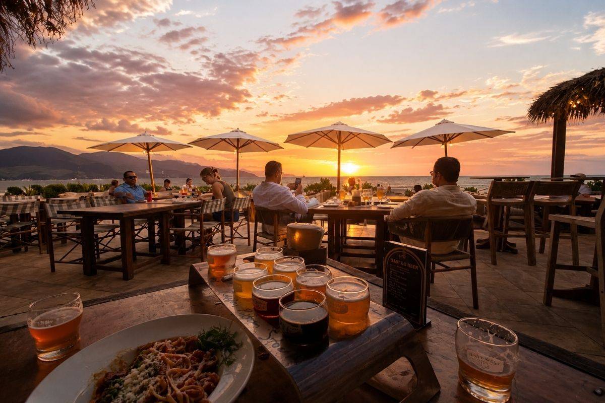 Enjoying craft beer and food at sunset at East West Brewing Co. Da Nang