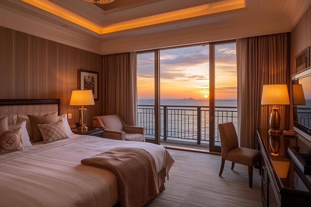 Room space at Novotel Danang Premier Han River with a sea view at sunset