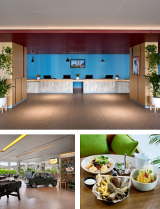 ibis Bangkok IMPACT hotel facilities 3 section collage featuring 24 hour lobby TASTE breakfast buffet and GROOVE & GREENS Cafe with covered skybridge