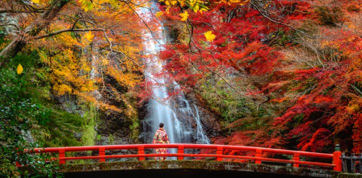 japanesegirlintraditionalkimonodressontheredbridge