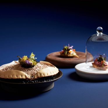 Brown Crab Tartlet with Garlic Chive Tuile, Grilled French Asparagus, and Wagyu Tartare with Caviar and Beef Fat Financier