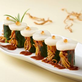 Hokkaido Scallops on Cordyceps Flower & Spinach Rolls in Spicy Sesame Sauce