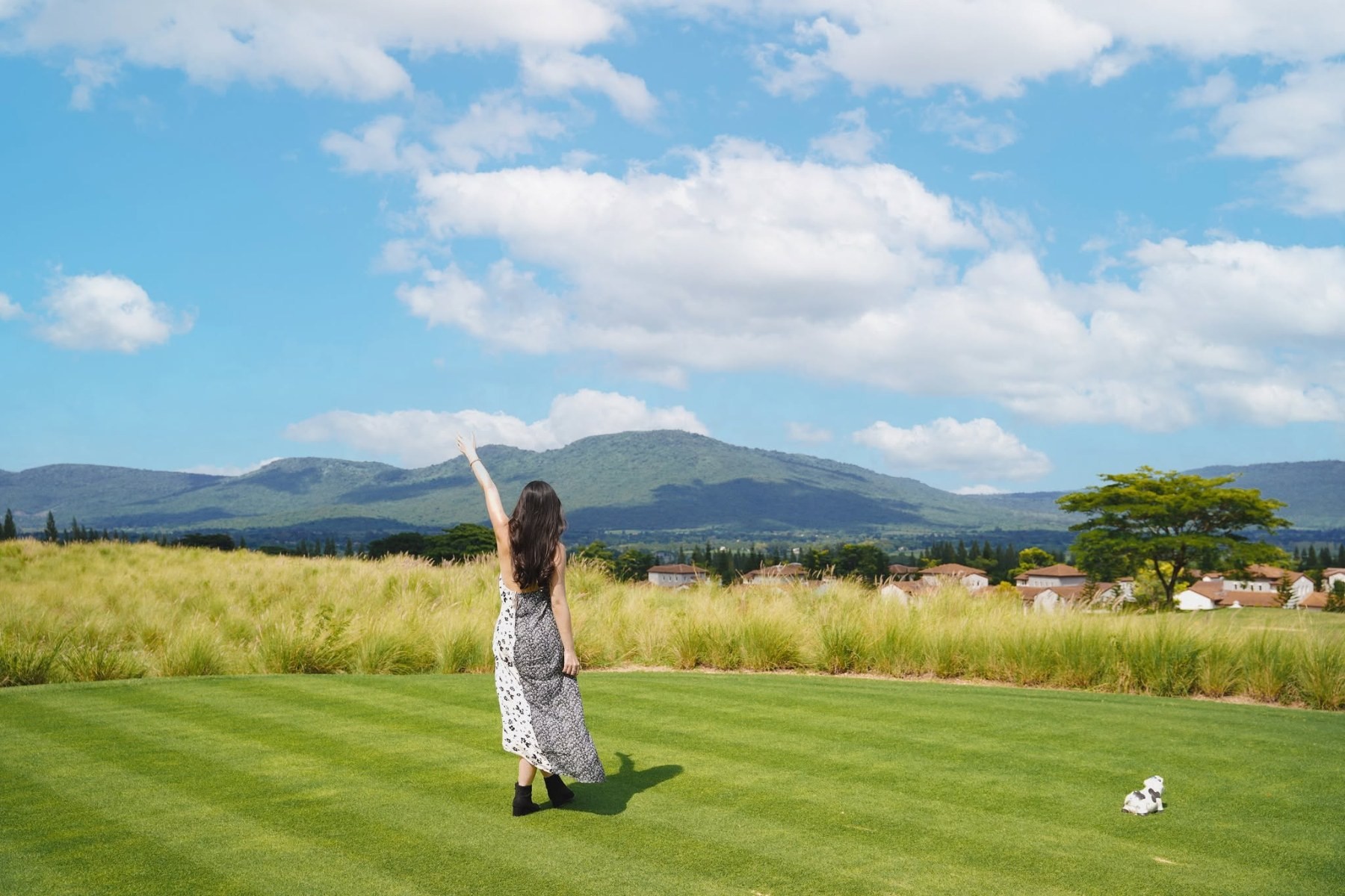 Nordic walk on the resort lawn with Khao Yai mountain views
