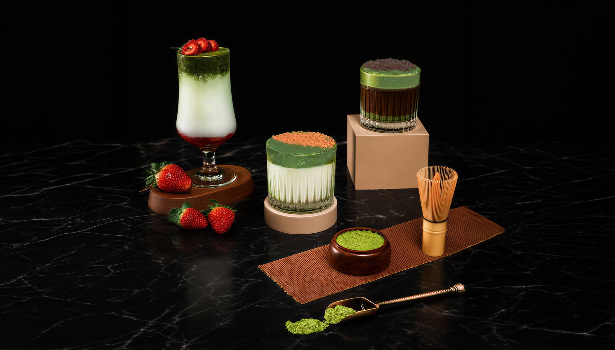 Matcha drinks with fresh strawberries at Pullman Singapore Orchard