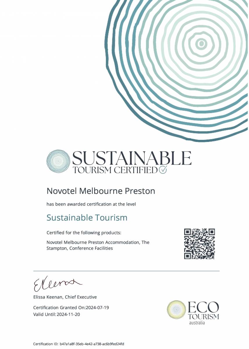 Sustainable Tourism Certification Novotel Melbourne Preston