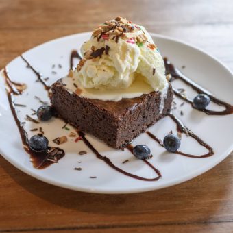 Brownie Tower With Hot Chocolate Sauce