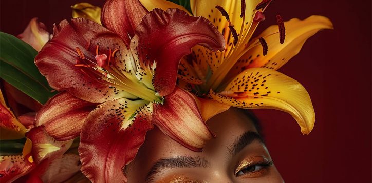glamorous-woman-with-tropical-lily-flower-crown-and-bold-makeup-on-red-background-copy