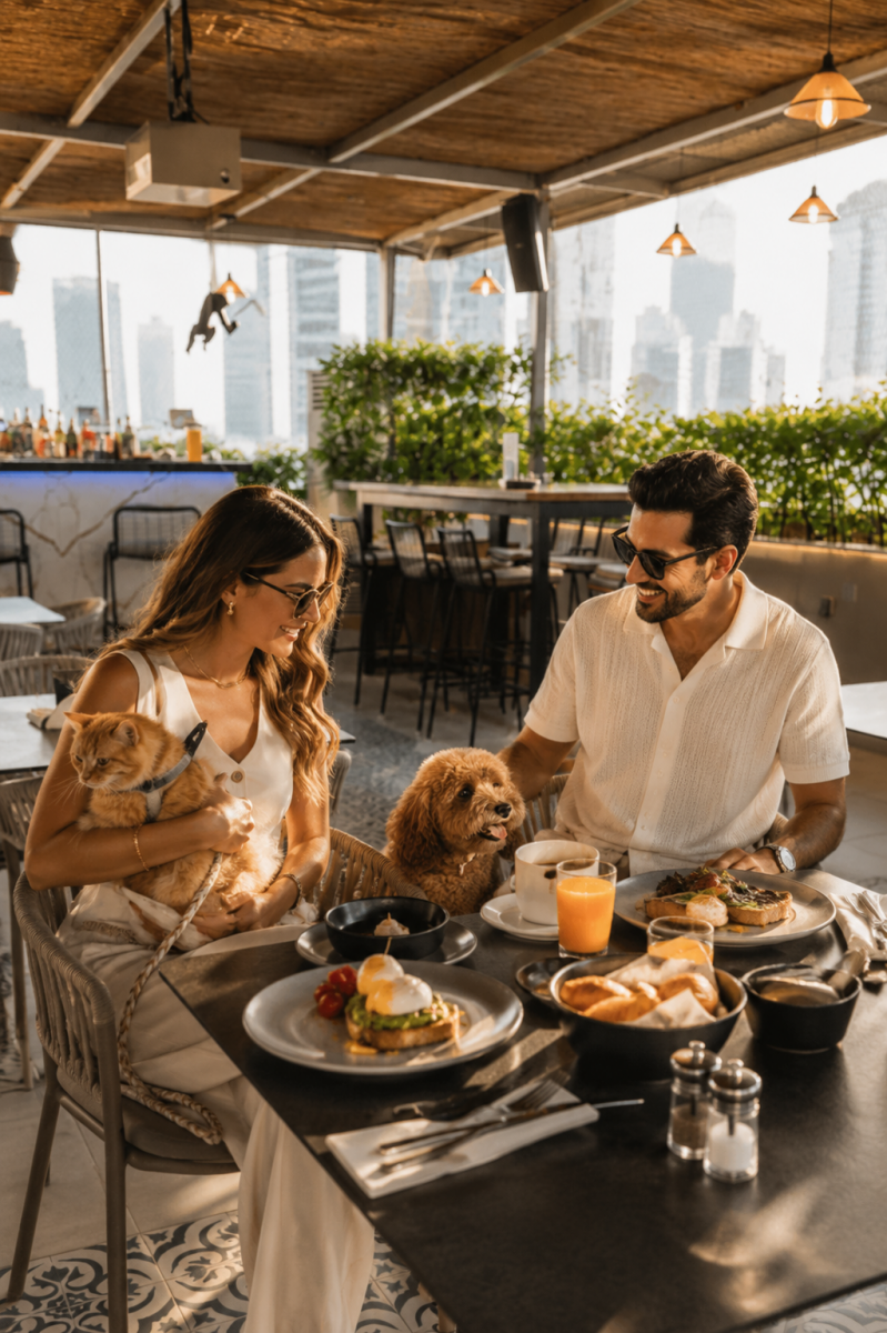 Pet friendly breakfast Dubai at Pullman JLT terrace with guests dining with their dog and cat