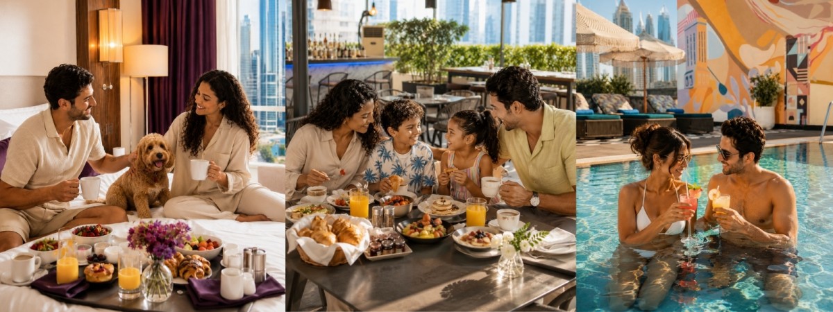 Couple enjoying breakfast in bed with their dog during a luxury staycation dubai 5* at Pullman JLT.