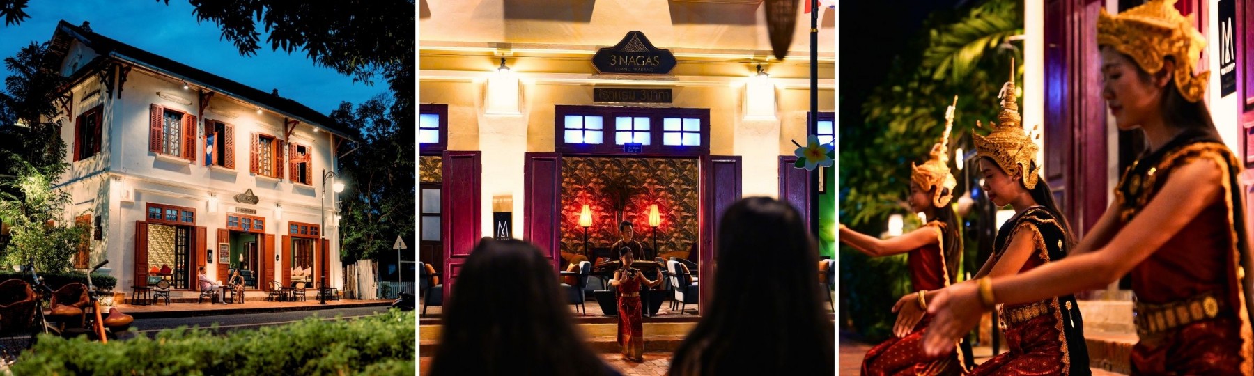3 Nagas Hotel Luang Prabang facade at night with Lao Apsara dancers
