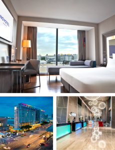 Novotel Bangkok IMPACT modern guest room, exterior building facade, and hotel lobby
