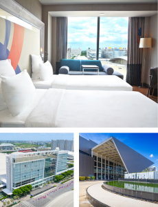 Novotel Bangkok IMPACT comprehensive hotel facilities 3 section collage featuring rooms wellness fitness spa and dining with direct linkbridge access