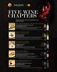 Five Wine Chapters menu for The Grand Wine Odyssey at 145°F Grill & Bar: Hokkaido scallop, Pollo al Ajillo, lobster ravioli, Black Angus ribeye and Valrhona chocolate dome, each paired with a wine