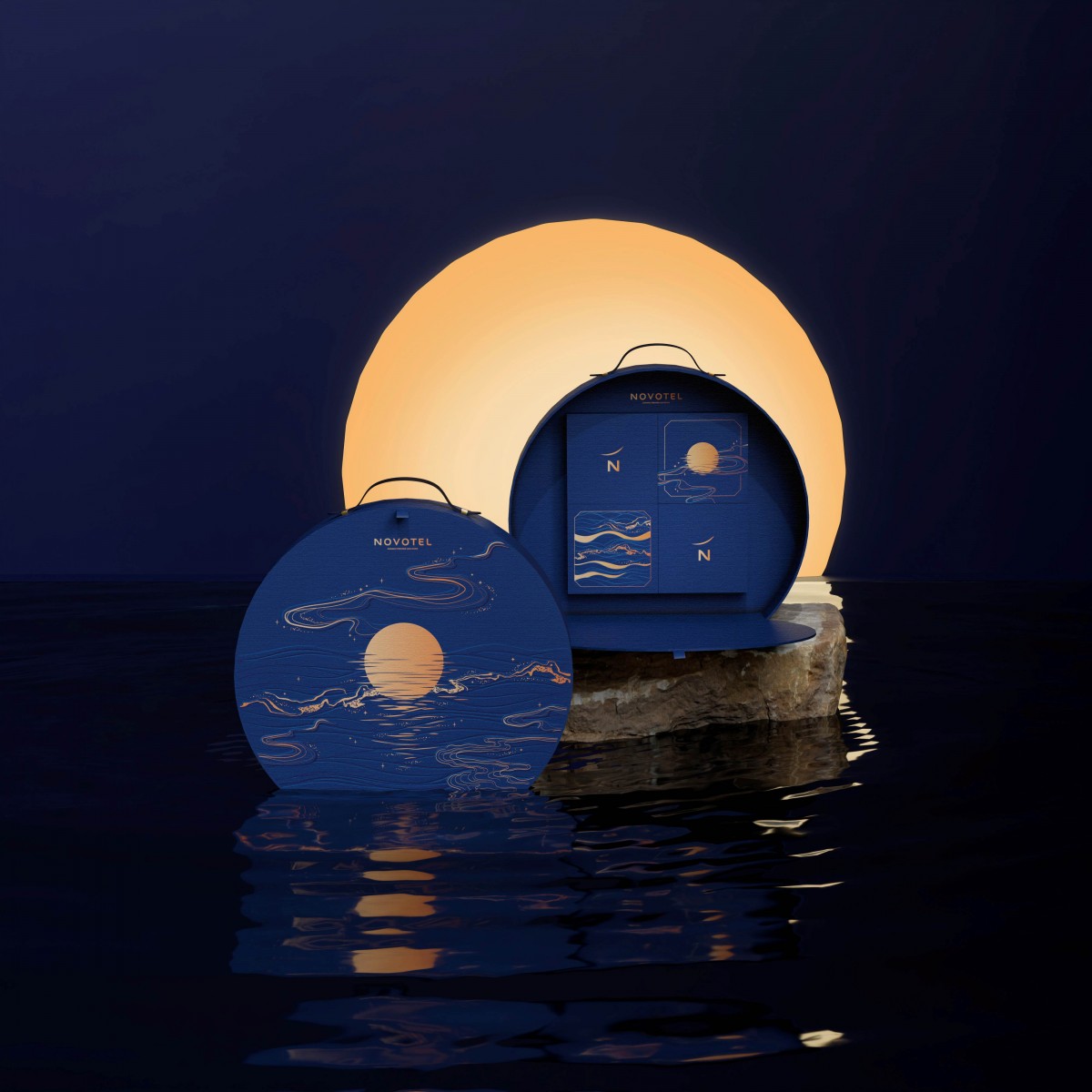 Novotel Danang Premier Han River 4-piece mooncake box featuring assorted flavors such as Mixed Roasted Chicken with Shark Fin, Matcha Mochi with Salted Egg, Mango and Walnut with Green Rice Flakes, and Charcoal Cheese