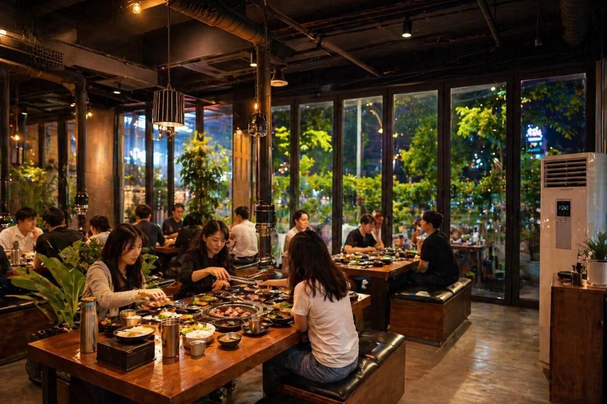 không gian ấm cúng tại nhà hàng bbq veteran với bàn nướng đông khách