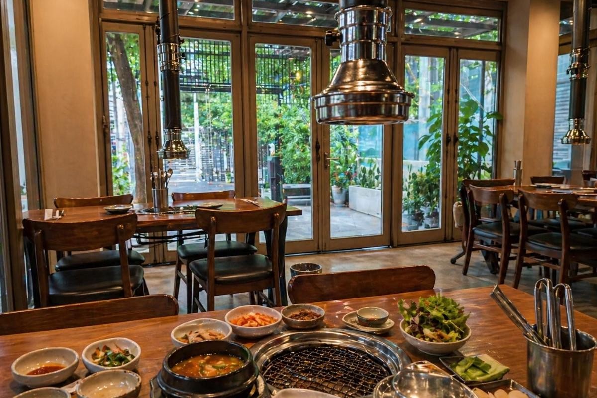 bữa ăn thơm ngon tại nhà hàng bbq hàn quốc gainn trong không gian xanh mát