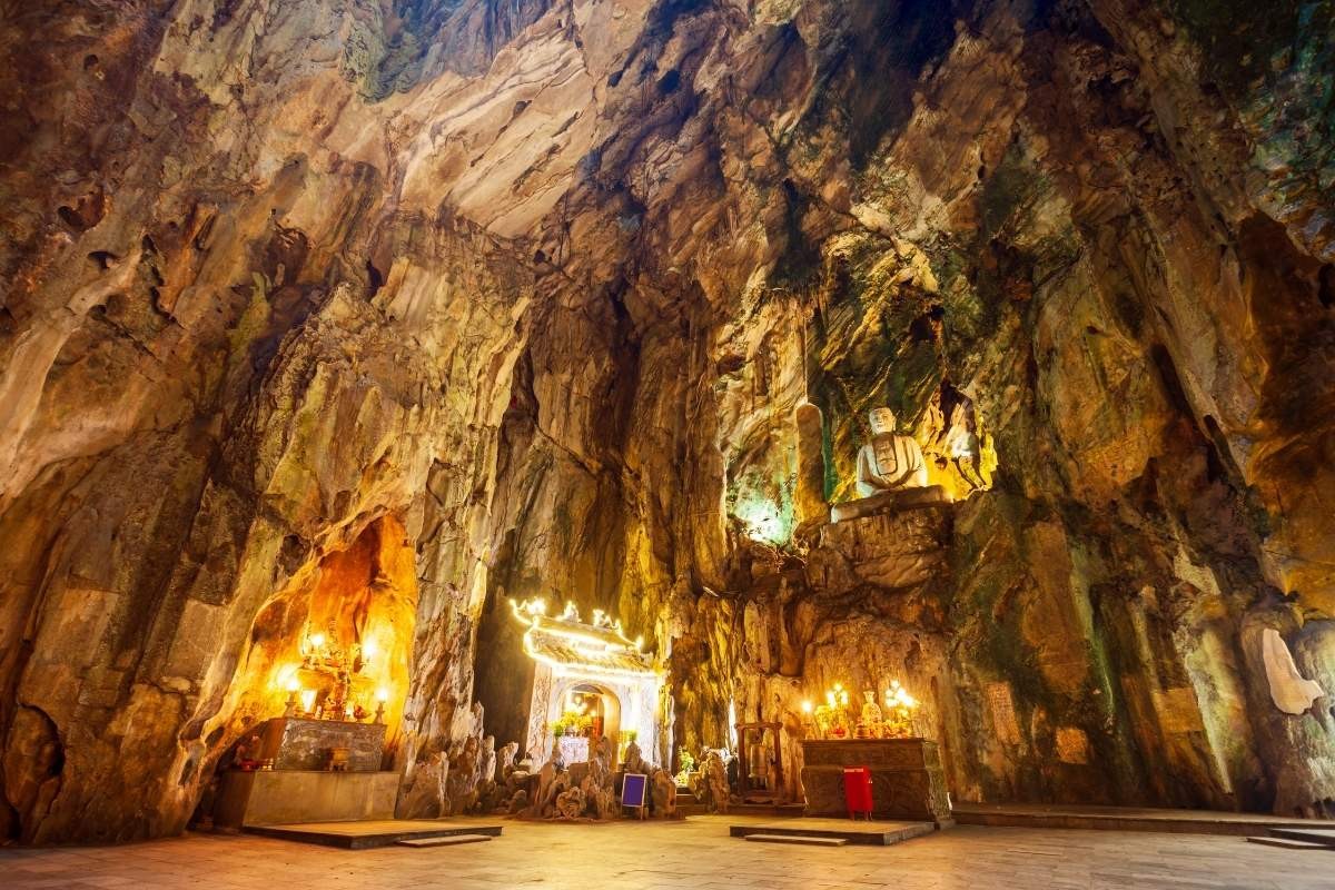 Huyen Khong Cave inside the Marble Mountains Da Nang complex with natural light and limestone formations