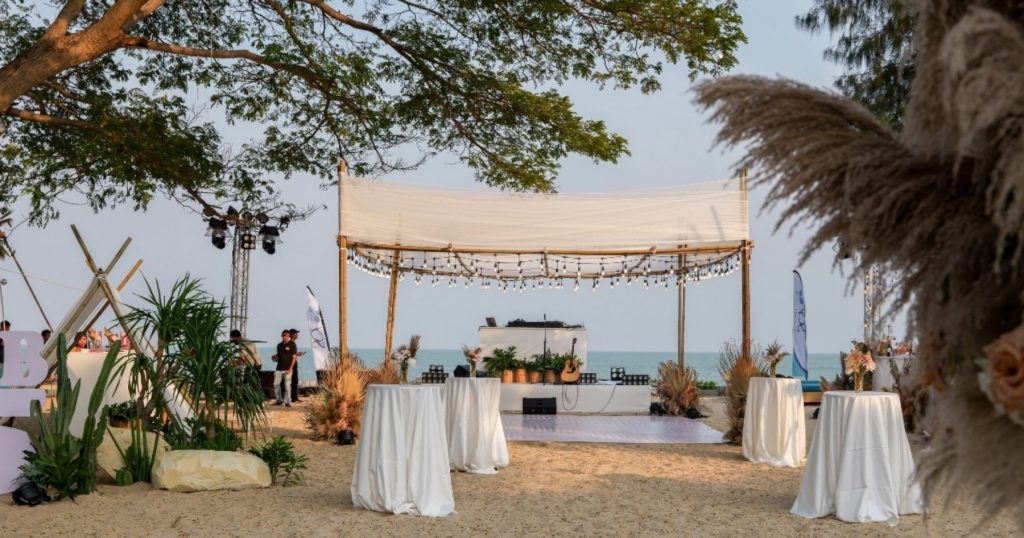 Traditional Indian wedding Mandap setup on private beach in Hua Hin Thailand
