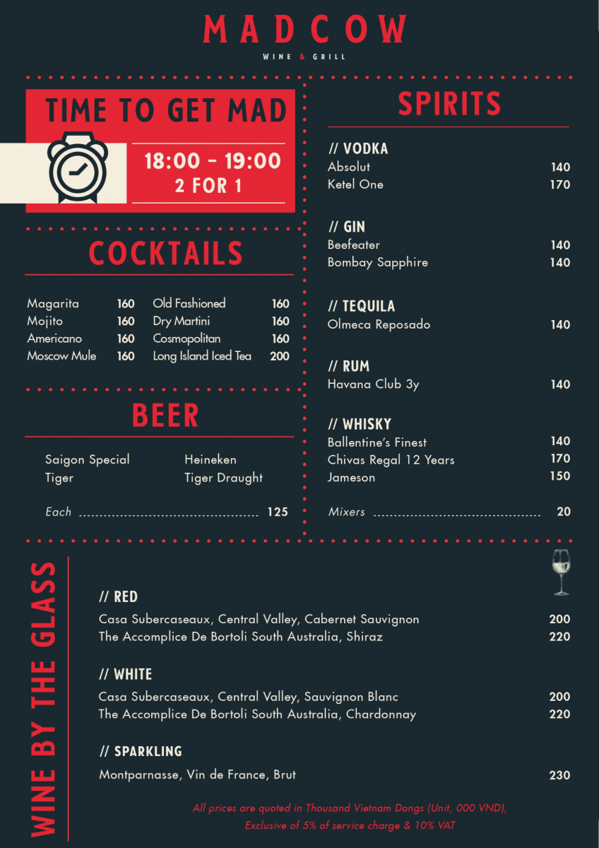 Pullman Saigon Centre Mad Cow Menu   Mad Cow Saigon Happy Hour Menu 