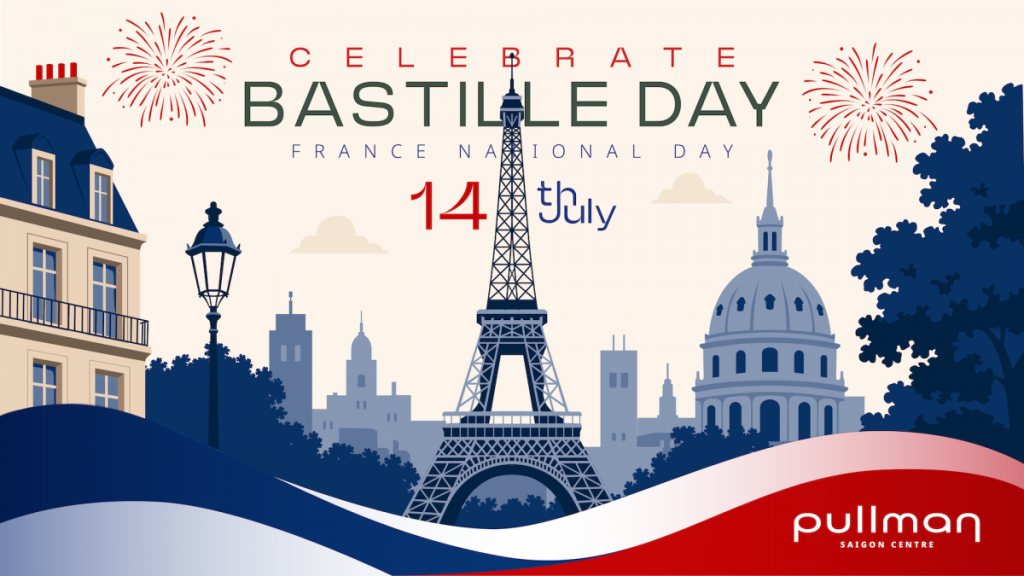 Illustration of Paris skyline and Eiffel Tower for Bastille Day celebration at Pullman Saigon Centre