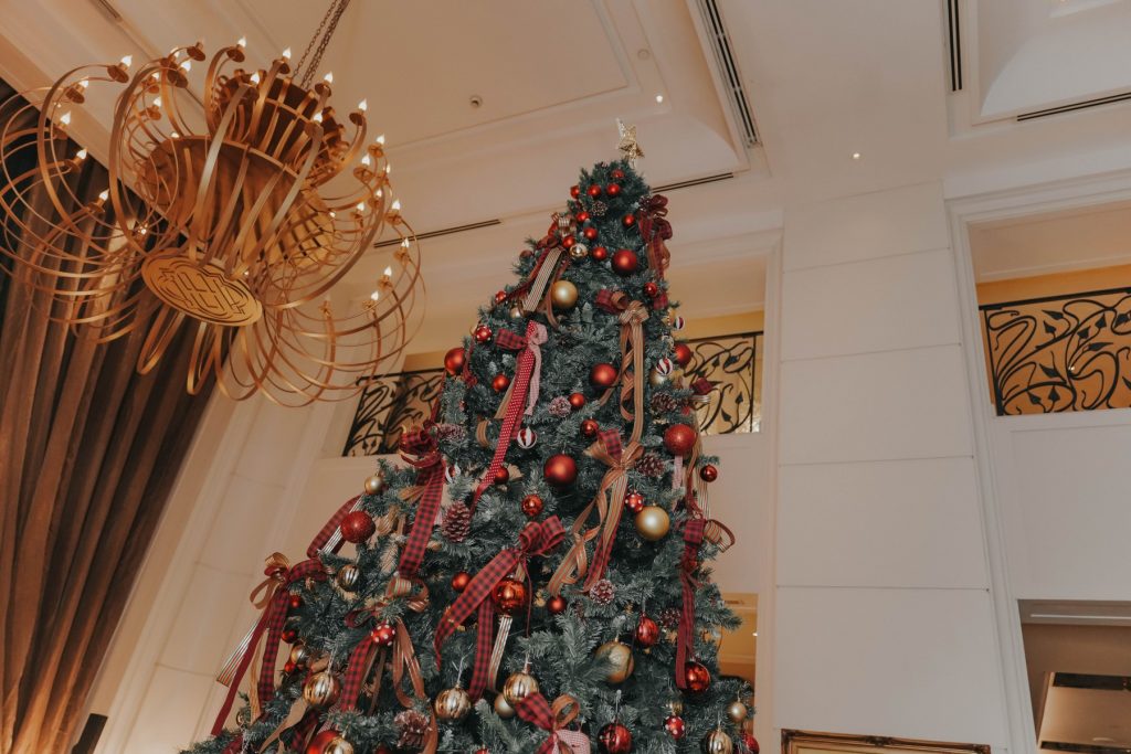 Festive Christmas Tree in the lobby of Hotel des Arts 