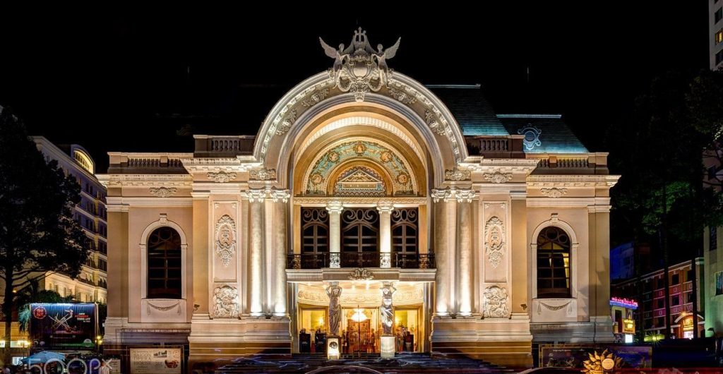 Facade of the Saigon Opera House by night